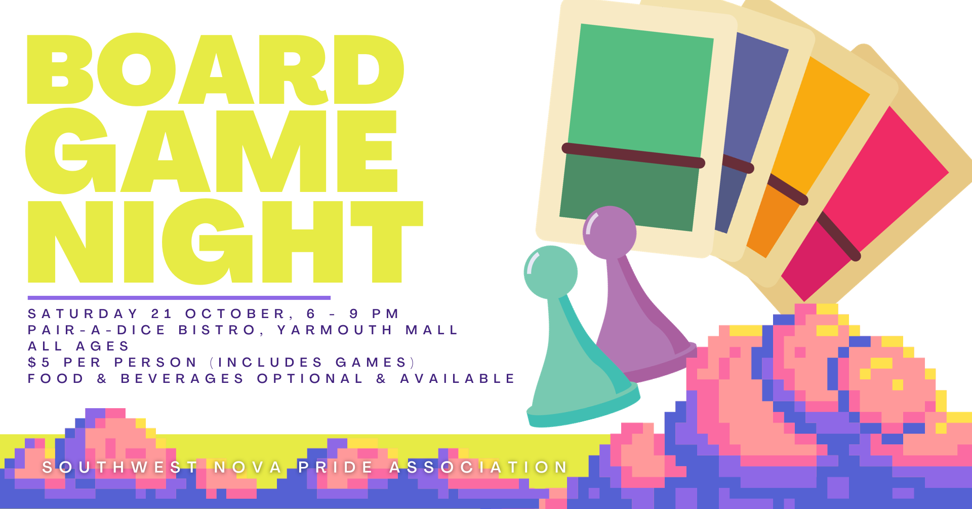 October board game night with information on the event. illustrated with game pieces.